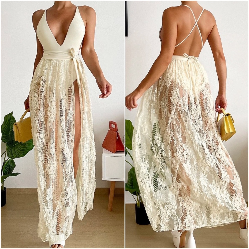 Boho Monokini One Piece lace Skirt Set